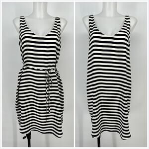 Ann Taylor LOFT Striped Belted Shift Dress Medium Navy Blue White Sleeveless Mid
